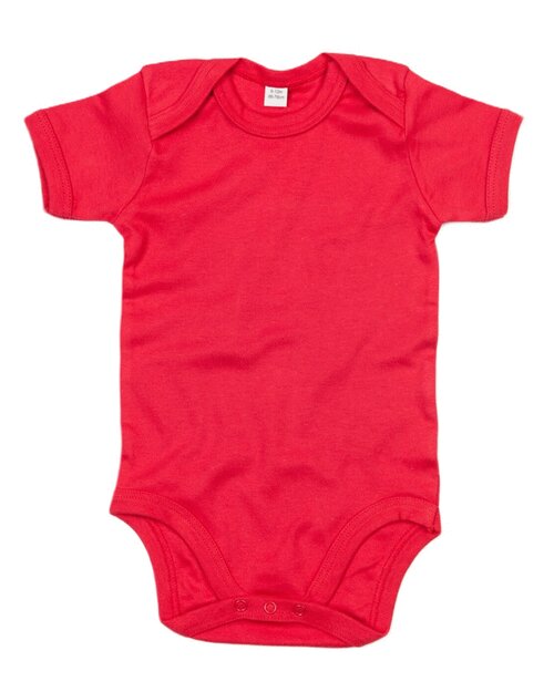 Bright red short-sleeve baby bodysuit by Babybugz, flat lay.
