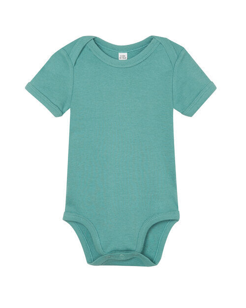 Sage green short-sleeve baby bodysuit by Babybugz, laid flat.
