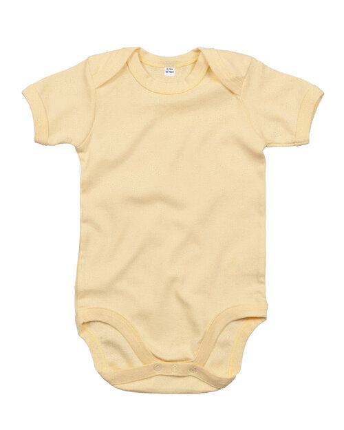 Sunshine yellow short-sleeve baby bodysuit from Babybugz, flat lay.