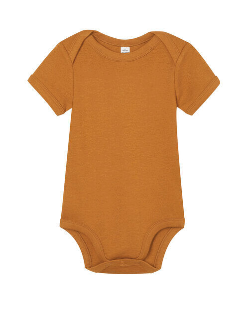 Toffee-colored short-sleeve baby bodysuit by Babybugz, laid flat.