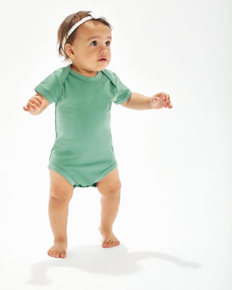 Babybugz short-sleeve baby bodysuit in a neutral tone on a baby.