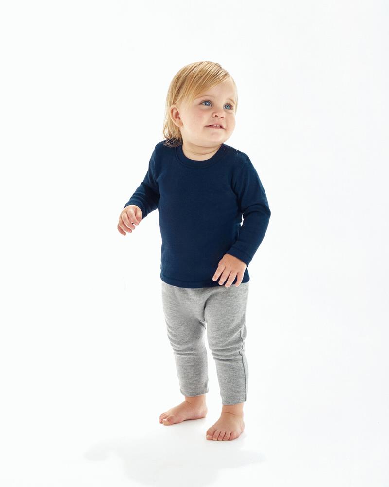 Babybugz long-sleeve t-shirt in a neutral color, worn by a baby.
