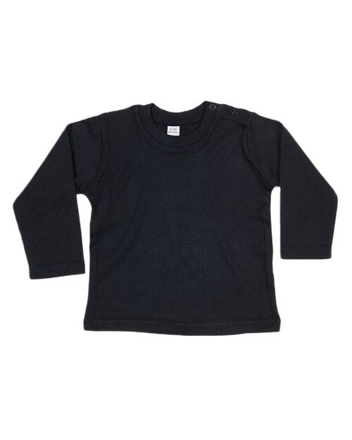 Black long-sleeve baby t-shirt from Babybugz, laid flat.