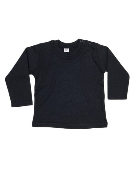 Black long-sleeve baby t-shirt from Babybugz, laid flat.