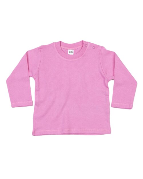 Bubblegum pink long-sleeve baby t-shirt by Babybugz, flat lay.