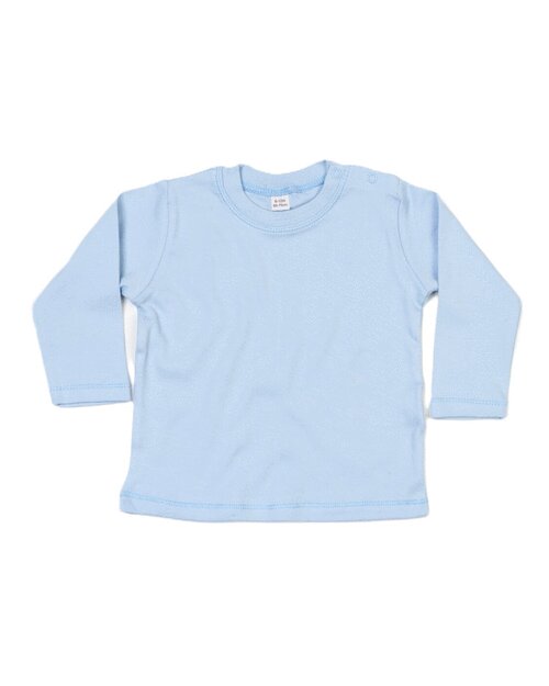 Dusty blue long-sleeve baby t-shirt from Babybugz, laid flat.