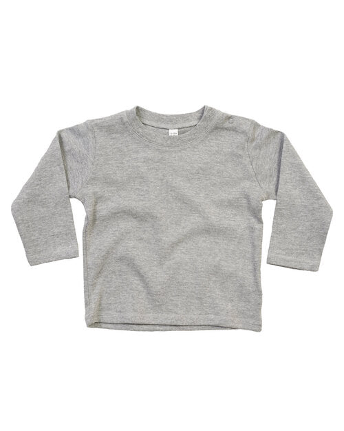 Heather grey marl long-sleeve baby t-shirt by Babybugz, flat lay.