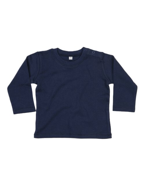 Navy blue long-sleeve baby t-shirt from Babybugz, laid flat.