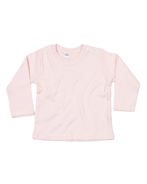 Powder pink long-sleeve baby t-shirt by Babybugz, flat lay.