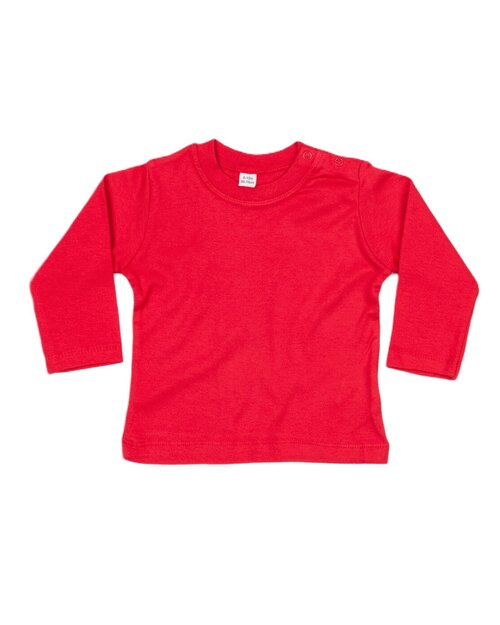Bright red long-sleeve baby t-shirt from Babybugz, laid flat.