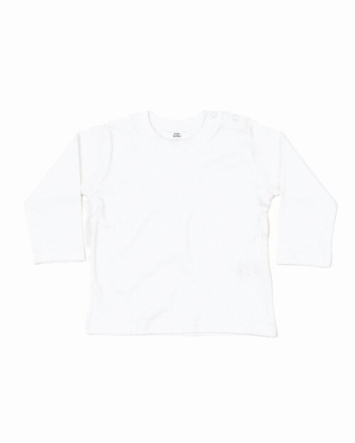 Classic white long-sleeve baby t-shirt by Babybugz, flat lay.