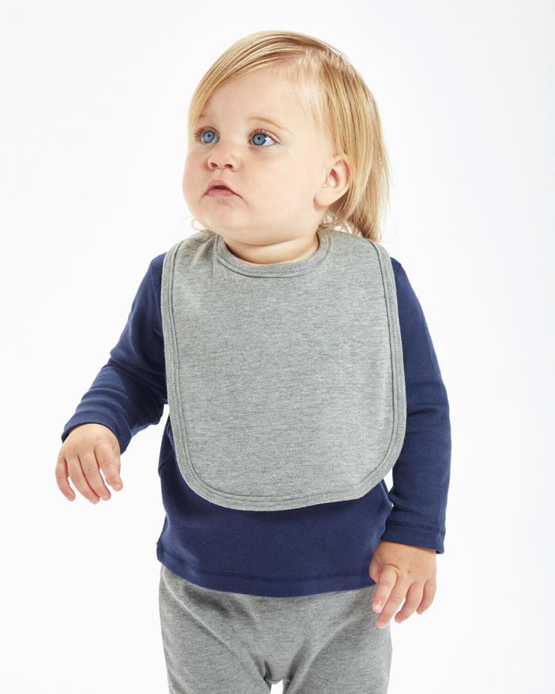Natural colored baby bib from Babybugz, shown on a baby.
