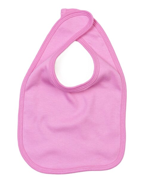 Bubblegum pink baby bib from Babybugz, shown in a flat lay.
