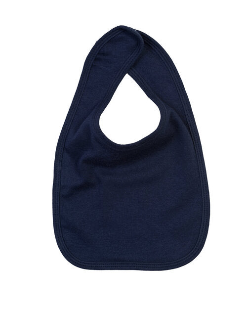 Navy blue baby bib by Babybugz, shown flat.
