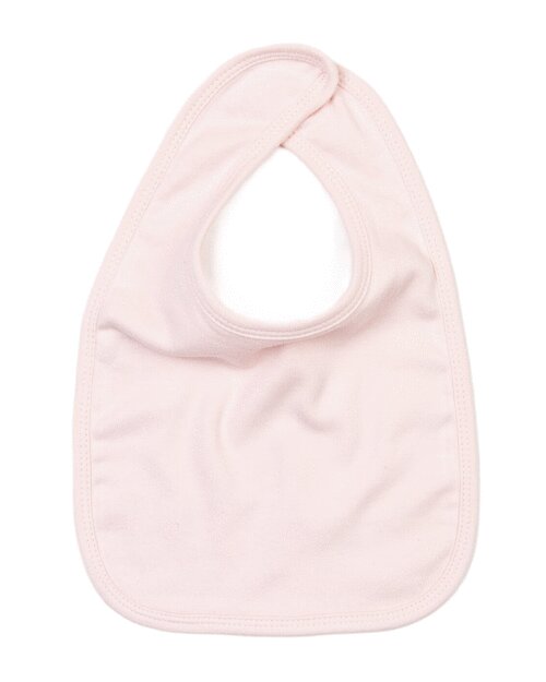 Powder pink baby bib from Babybugz, laid flat.