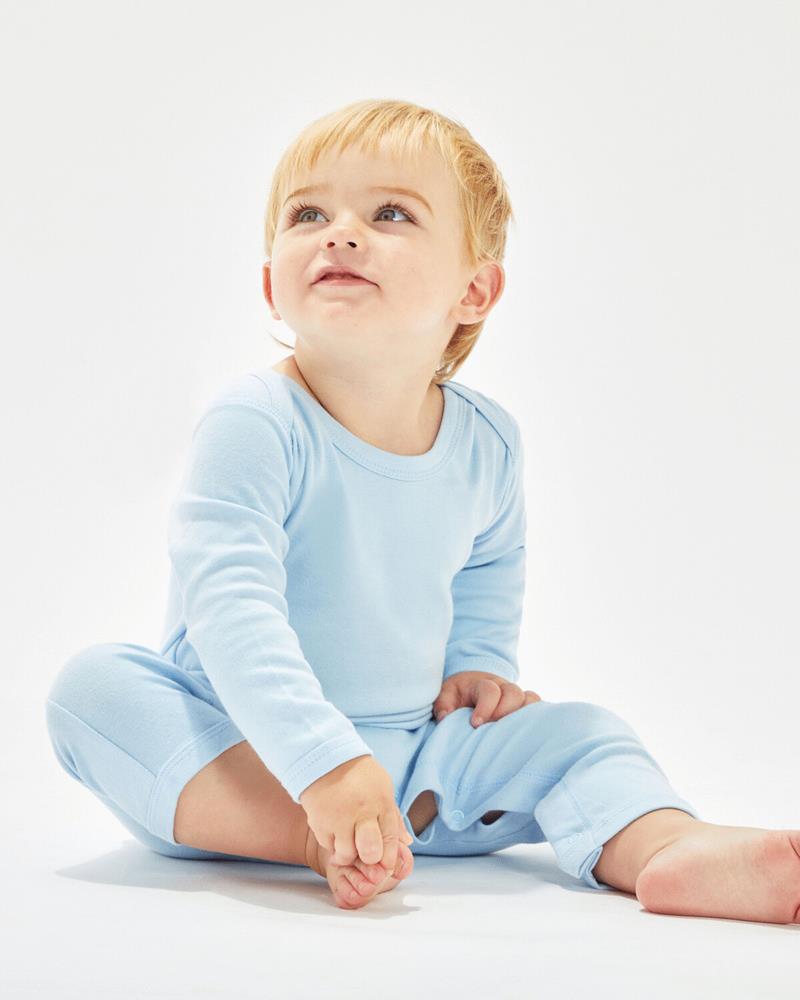 Babybugz rompasuit in a neutral color, worn by a baby.