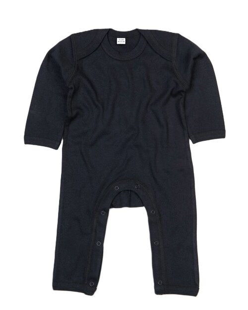 Black baby rompasuit by Babybugz, laid flat.