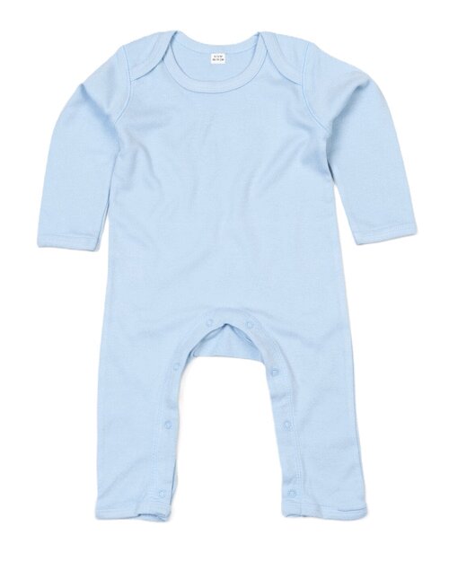 Dusty blue baby rompasuit by Babybugz, shown in a flat lay.