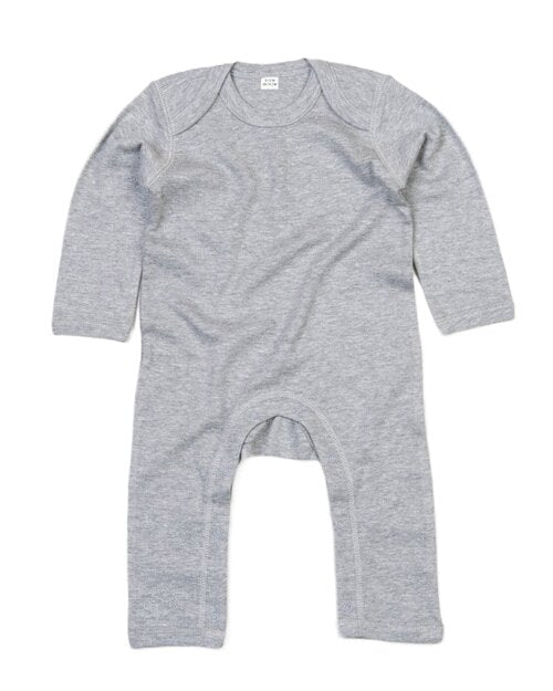 Heather grey marl baby rompasuit by Babybugz, laid flat.