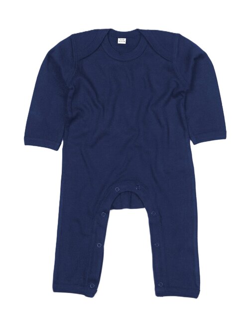 Navy blue baby rompasuit by Babybugz, shown in a flat lay.