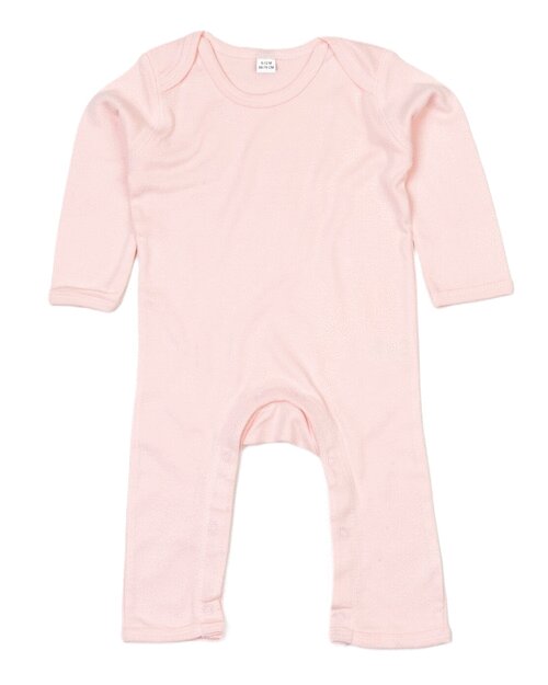 Powder pink baby rompasuit by Babybugz, laid flat.