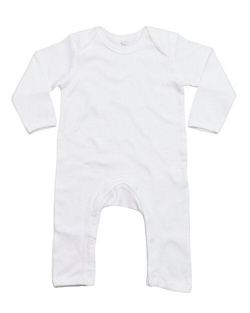 Crisp white baby rompasuit by Babybugz, shown in a flat lay.