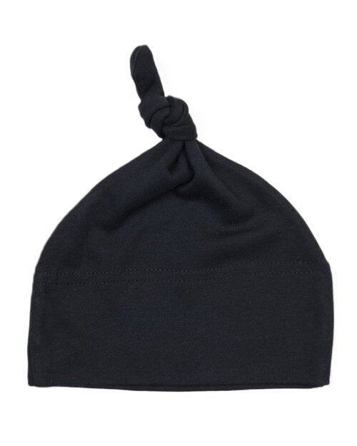 Navy blue one-knot baby hat by Babybugz, laid flat to show the knot.