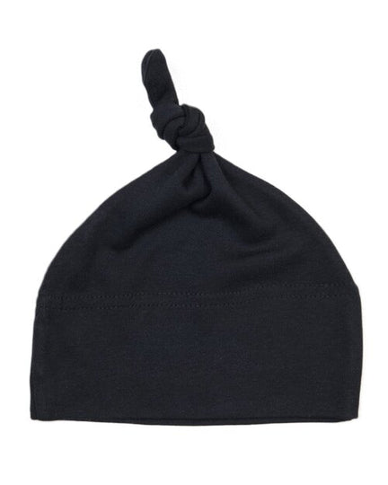 Navy blue one-knot baby hat by Babybugz, laid flat to show the knot.
