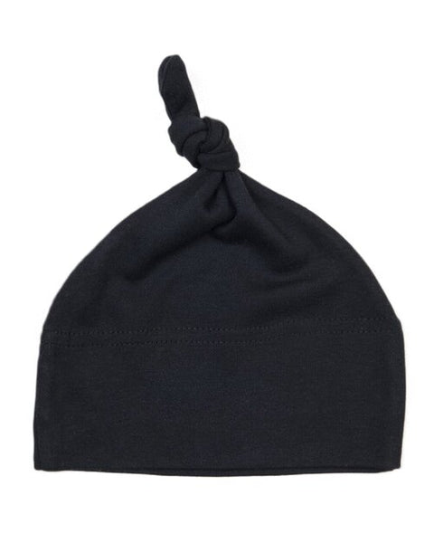 Navy blue one-knot baby hat by Babybugz, laid flat to show the knot.