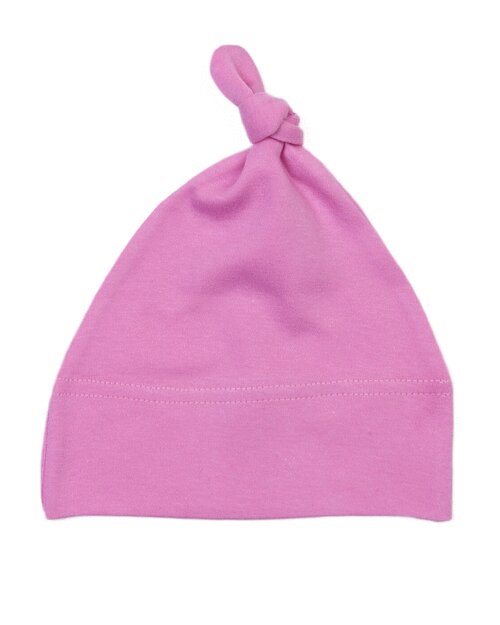 Bubblegum pink one-knot baby hat by Babybugz, flat lay.