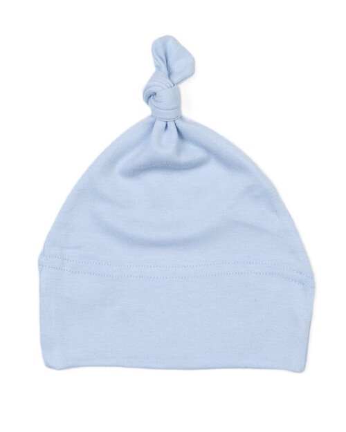 Dusty blue one-knot baby hat by Babybugz, laid flat.