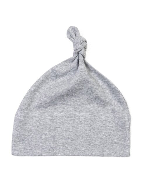 Heather grey marl one-knot baby hat by Babybugz, flat lay.