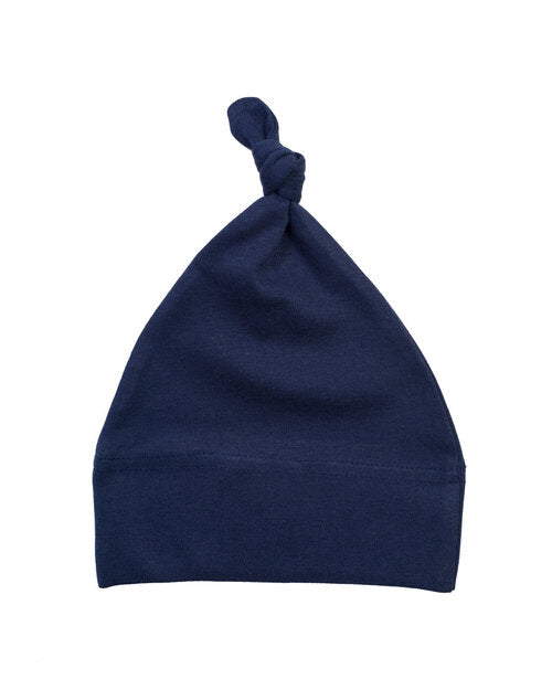 Navy blue one-knot baby hat by Babybugz, shown in a flat lay.