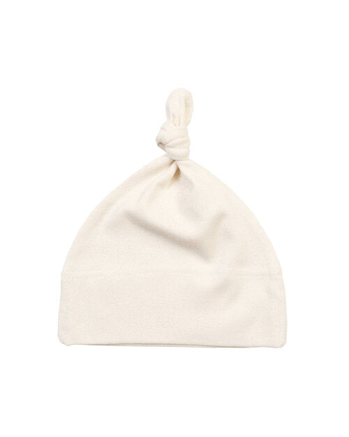 Organic natural one-knot baby hat by Babybugz, laid flat.