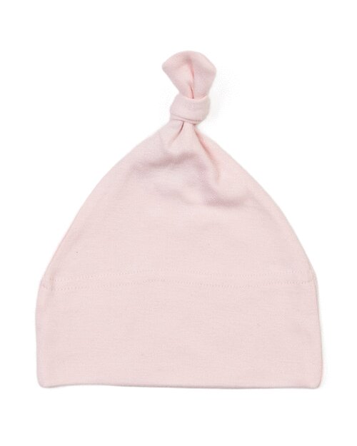 Powder pink one-knot baby hat by Babybugz, shown in a flat lay.