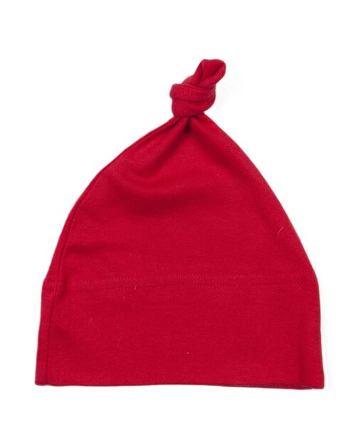 Bright red one-knot baby hat by Babybugz, laid flat.