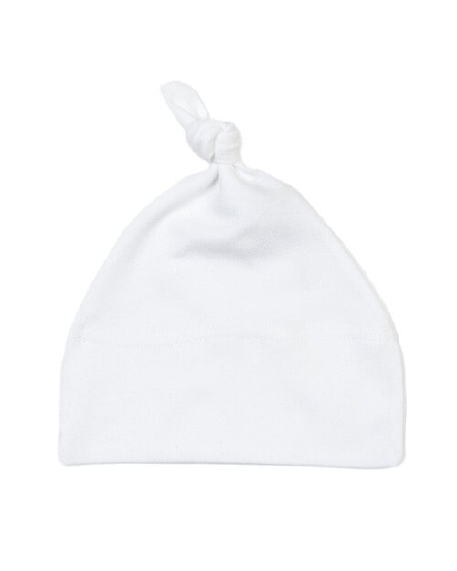 Simple white one-knot baby hat by Babybugz, shown in a flat lay.