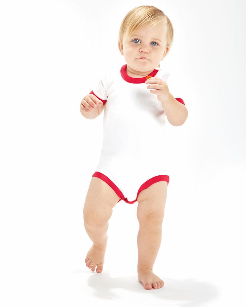 Baby ringer bodysuit with contrast trim by Babybugz, on a baby.