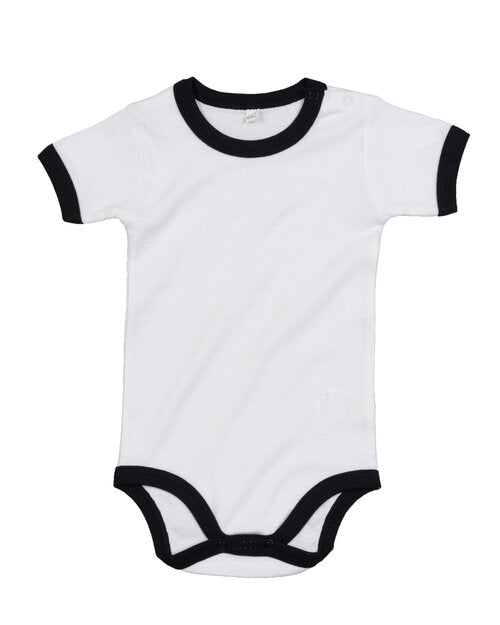 White ringer bodysuit with black trim by Babybugz, laid flat.