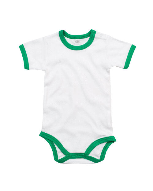 White ringer bodysuit with kelly green trim by Babybugz, laid flat.