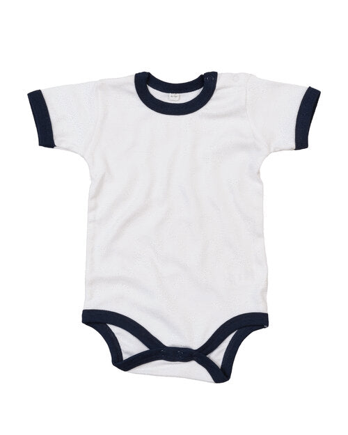 White ringer bodysuit with navy blue trim by Babybugz, flat lay.