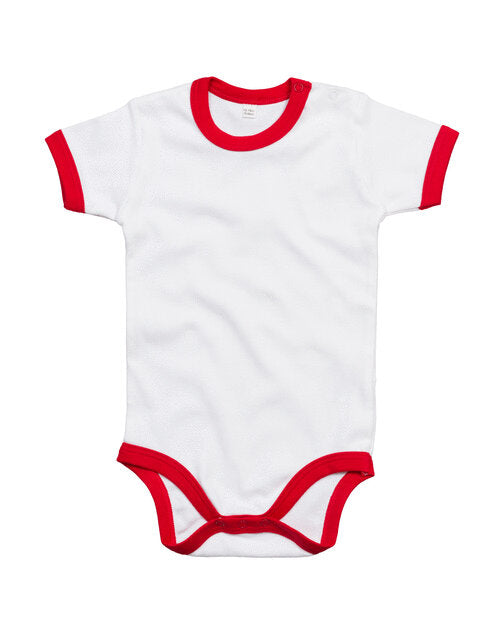 White ringer bodysuit with red trim by Babybugz, shown in a flat lay.