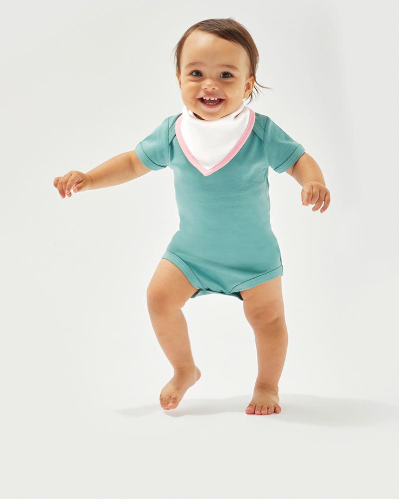 White bandana bib with contrast trim by Babybugz, worn by a baby.