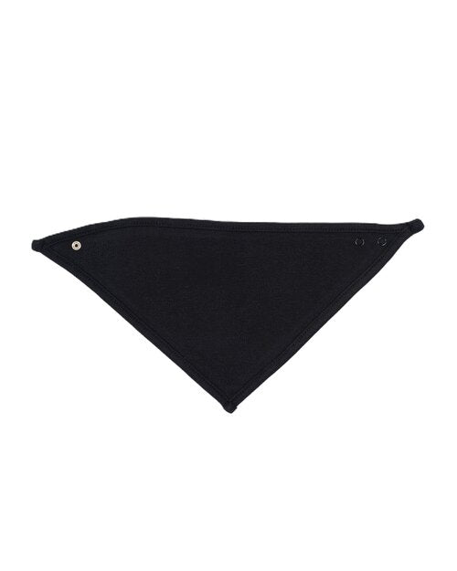 Black bandana bib with black trim by Babybugz, laid flat.