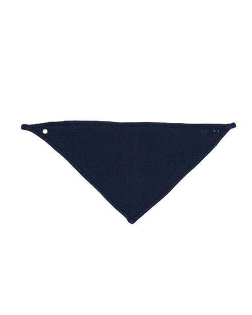 Navy blue bandana bib with navy blue trim by Babybugz, shown flat.