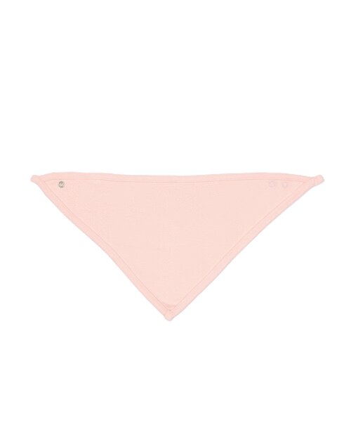 Baby pink bandana bib with powder pink trim by Babybugz, laid flat.
