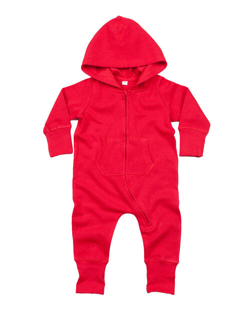 Bright red baby all-in-one by Babybugz, laid flat.