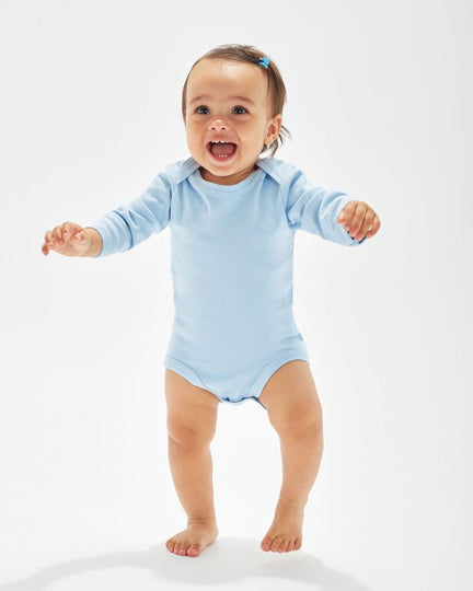 Long-sleeve baby bodysuit by Babybugz in a neutral tone, on a baby.