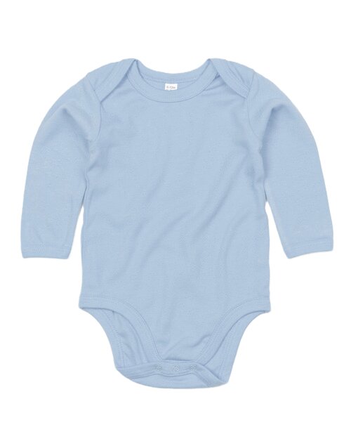 Dusty blue long-sleeve baby bodysuit by Babybugz, flat lay.