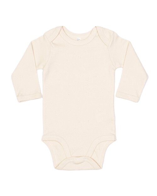 Organic natural long-sleeve baby bodysuit by Babybugz, flat lay.